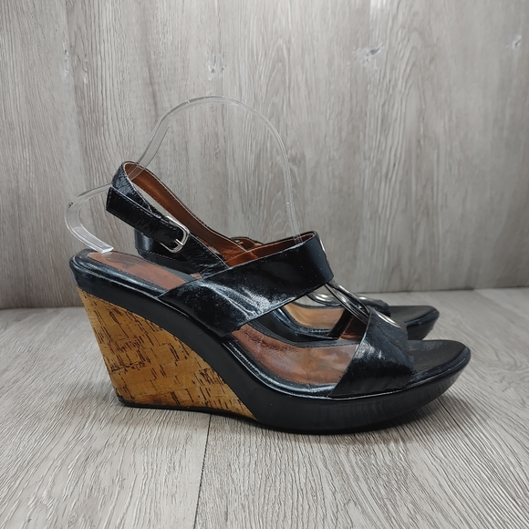 SOFFT Black Patent Leather Cork Wedge Montera Sandals T Strap Sling Back size 10 - Picture 3 of 12